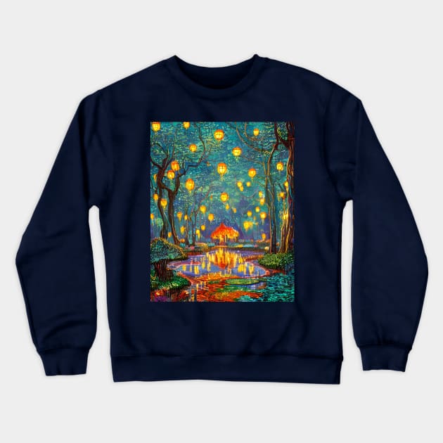 Magic Lantern Lighting Lake Water Pond Reflection Watercolor Crewneck Sweatshirt by The Little Store Of Magic